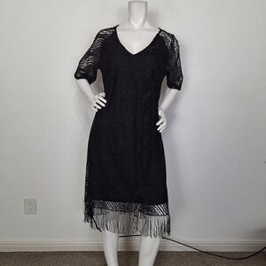 Emma & Michele Black Whimsigoth Fairy Fringe Crochet Knit Midi Dress Size L